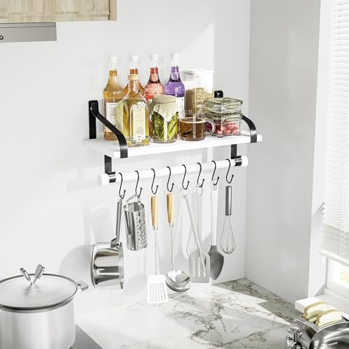 Love-KANKEI 17.3" Floating Wall Shelf Solid Wood/Bracket,Coffee Bar,White | Spice Rack,Towel Bar/8 Hooks,40 Lbs/shelf,Easy to Install,For Kitchen,Bathroom,Living Room,Bedroom,Office,Entryway Display - color: White