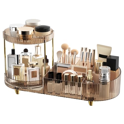 Makeup Organizer Countertop with 360 Rotating Perfume Trays, 7-Divider Vanity Skincare Organizers, Make Up Desk Organization and Storage with Cosmetic Brush Holder for Bedroom Bathroom Counter - color: Coffee
