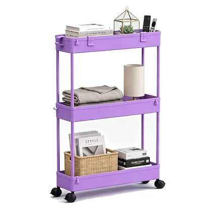 Slim Storage Cart 3 Tier,Bathroom Organizer Rolling Utility,Mobile Shelving Unit Slide Out for Office, Kitchen, Laundry Room & Narrow Places,Purple - color: Purple
