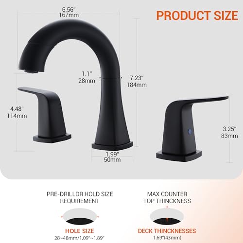 Pull Down Bathroom Faucet Black- Matte Black Sink Faucet with Sprayer, Bathroom Pull Out Faucets, 2-Handles Widespread Vanity Faucets 3 Hole 8 Inch 360 Swivel Spout with Pop-up Drain & Lines - color: Black