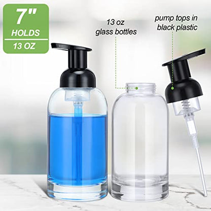 Eccliy 4 Pack Foaming Soap Dispenser, 13 oz Clear Thick Glass Pump | Refillable Foam Soap Bottles for Hand Soap and Body Wash, Ideal for Bathroom Countertop, Kitchen Sink and More, Black Pump