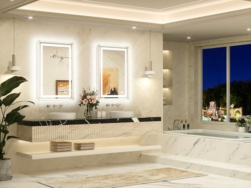 24 x 36 Bathroom LED Mirror Brushed Nickel Metal Frame Frontlit & Backlit Vanity Mirror Anti-Fog Stepless Dimmable 3 Colors White/Warm/Natural Mirror with Lights Wall-Mounted