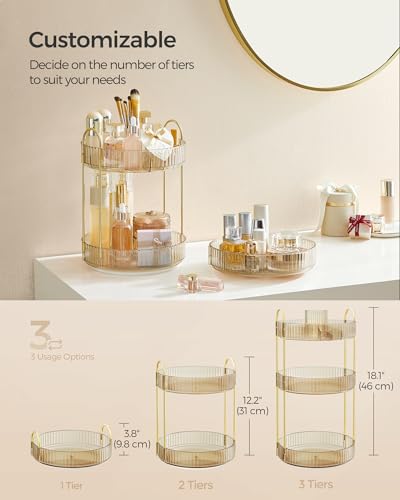 SONGMICS Makeup Organizer, 3-Tier Countertop, Customizable | Customizable skincare organizer countertop, round rotating, toiletries vanity organizer, lazy susan, gift UJKA011A01 - color: Champagne Gold, style: Round