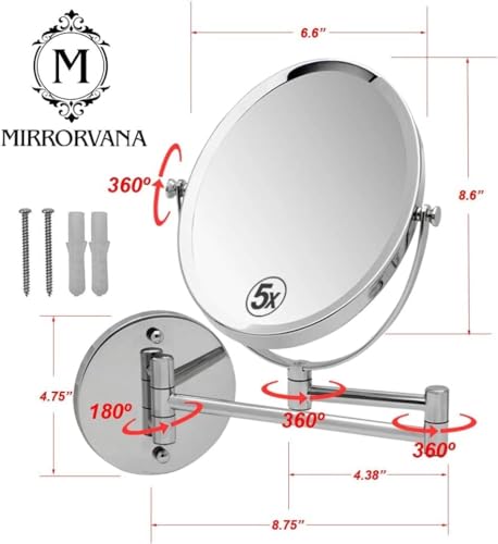 Wall Mounted Bathroom Makeup & Shaving Mirror, Double Sided 5X & 1X Magnification, 13-Inch Extension Swivel Arm, Oval 6.6" x 8.6" Glass Area, Chrome