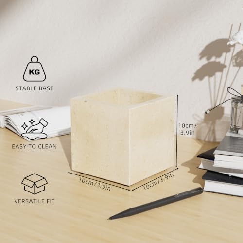Marble Pen Holders with Natural Patterns,3.9x3.9x3.9in,Travertine | Makeup Brush Holders with Anti Slip Foot Pads, Rectangular Toothbrush Organizer,Natural Stone Utensil Container for Bathroom - color: Travertine
