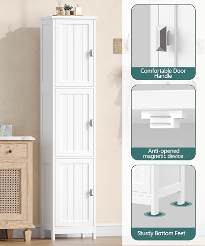 Tall Narrow Bathroom Storage Cabinet, 3-Tier Slim Storage Cabinet | Linen Cabinet with Adjustable Shelves and 3 Doors, for Bathrooms, Living Room, Laundry Room, Kitchen, White