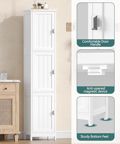 Tall Narrow Bathroom Storage Cabinet, 3-Tier Slim Storage Cabinet | Linen Cabinet with Adjustable Shelves and 3 Doors, for Bathrooms, Living Room, Laundry Room, Kitchen, White