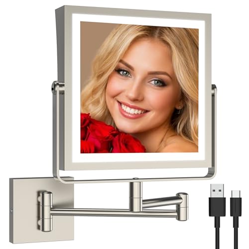 Ruacq Wall Mounted Makeup Mirror with Lights 1X/10X Brushed Nickel | 8",4000mAh Rechargeable,Magnification,3 Color,Touch Screen Dimmable,360° Rotation Extension Foldable Arm, Square, Women Gift - color: Brushed Nickel