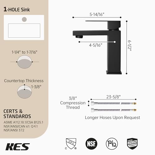 KES Black Bathroom Faucet Single Hole Bathroom Sink Faucet Single Handle Lavatory Vanity Sink Stainless Steel cUPC Certified Matte Black, L3156ALFF12-BK - color: Black, style: NO Drain - Short Faucet