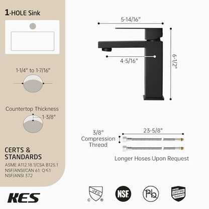 KES Black Bathroom Faucet Single Hole Bathroom Sink Faucet Single Handle Lavatory Vanity Sink Stainless Steel cUPC Certified Matte Black, L3156ALFF12-BK - color: Black, style: NO Drain - Short Faucet