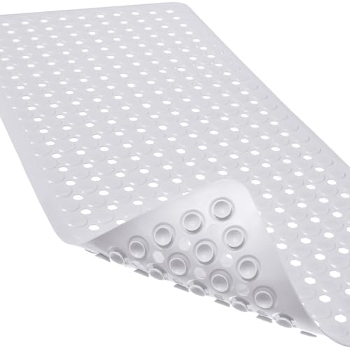 Non-Slip Bathtub and Shower Mats, Power Grip Bath Mat 35 x 16.3 Inch with Suction Cups and Drain Holes for Tub Bathroom Floor Safety, Machine Washable Soft Bathmat, White - color: White