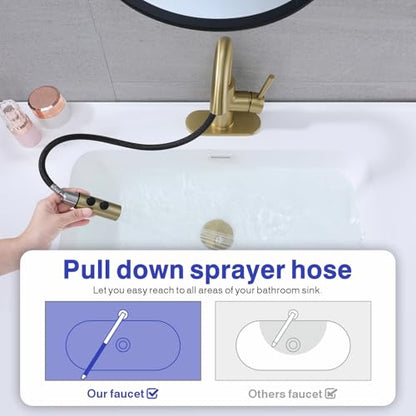 Bathroom Faucet with Sprayer, Brushed Gold Single Hole with Pop-Up Drain | Kablle Single Handle Pull Out 1 or 3 Hole Laundry Bar Basin Faucet with Deck Plate, KBL-7002BG-CL - color: Brushed Gold