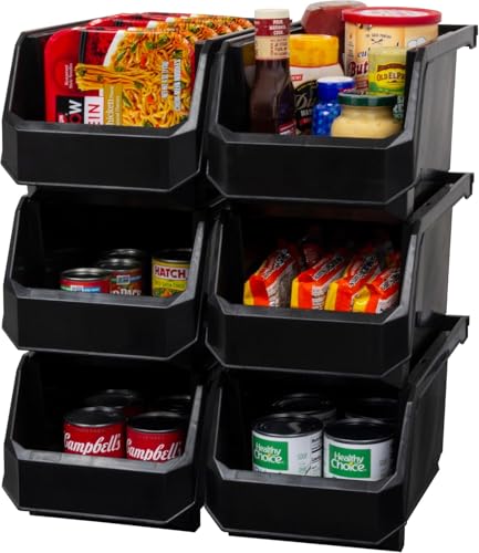 Akro-Mils ReadySpace Large Stackable Plastic Storage Bins, 6-Pack, Black | Open-Front Stackable Bins For Garage, Pantry, Closet & Office, 14,8"L X 8"W X 7"H, Nests When Empty, Durable Plastic, - color: Black, size: Large, 6-Pack