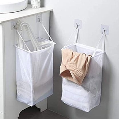 2 Pack Mesh Hanging Laundry Hamper Bag Over The Door Closet Organizer Hanging Clothes Basket Folding Door Hooks with Handles White laundry bag