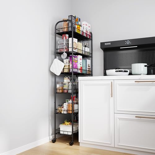 6 Tier Slim Storage Cart with Wheels, Metal Mobile Shelving Unit Organizer Utility Cart for Office Bathroom Kitchen Laundry Room Narrow Places (10inches) - size: 10inches