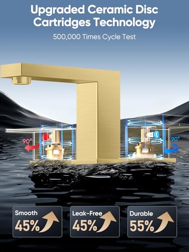 Cobbe Bathroom Faucet 3 Hole, Brushed Gold Bathroom Sink Faucet Widespread | Square 8 Inch with Pop-Up Drain, 2 Handle and 2 Supply Hoses, Lead-Free Stainless Steel, For Vanity, RV, Farmhouse - color: Gold-2, size: 8 Inch Widespread