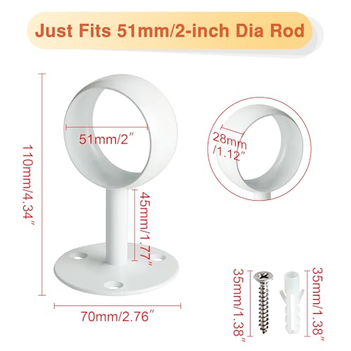 Alise Curtain Rod Holder Bracket 2''Dia,Closet Rod Holders Wall Mount,4Pcs | Ceiling Mounted Curtain Rod Flange Brackets,Ceiling Curtain Rod Brackets for Bathroom Curtain,Stainless Steel White Finish - color: White Finish, size: 51mm/2-Inch Dia.