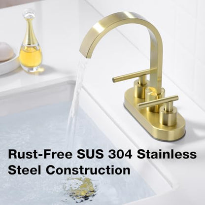 TRUSTMI 4" Centerset Bathroom Faucet, Brushed Gold - High-Flow Waterfall Spout for Deep Sinks, 360° Swivel, 2 or 3 Hole Deck Mount, Includes Drain & Supply Lines - color: Brushed Gold