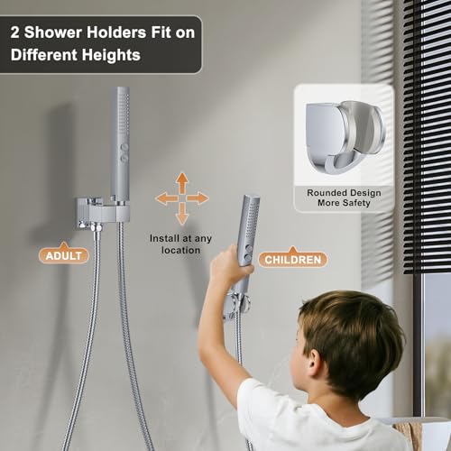 Rain Shower System 12" & 6" Dual Shower Heads, Wall Mount Shower Faucet Set | Ideal for bathroom remodels and upgrades with 12" rain shower, 6" angled shower, handheld spray and complete valve kit. - color: Polished Chrome, size: Wall Mounted - 12"+6" Sho