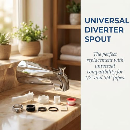 Tub Spout Diverter Universal Fits 1/2'' Copper Pipe 1/2'' IPS and 3/4'' IPS Bathtub Faucet Replacement with Adapters with Diverter Chrome