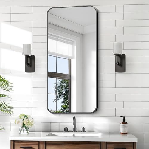 KOCUUY Black Mirror 20" x 40", Metal Frame Vanity Mirror for Wall, Rectangle Bathroom Mirror with Rounded Corner, Upgraded Shatterproof Glass for Bathroom, Bedroom, Hang Horizontal or Vertical - color: Black, size: 40"L x 20"W
