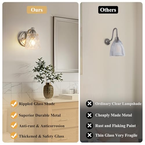 Mecgirn Stainless Steel Bathroom Vanity Light Over Mirror, 1 Light Brushed Nickel Bathroom Light Fixtures with Textured Glass Shades, Modern Vanity Lighting Wall Mount - color: Brushed Nickel, size: 1 Light