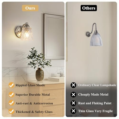 Mecgirn Stainless Steel Bathroom Vanity Light Over Mirror, 1 Light Brushed Nickel Bathroom Light Fixtures with Textured Glass Shades, Modern Vanity Lighting Wall Mount - color: Brushed Nickel, size: 1 Light