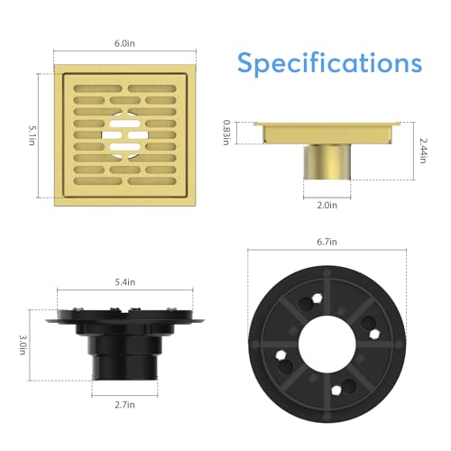 EXF Square Shower Floor Drain 6 Inch Brushed Gold | 304 Stainless Steel, ABS Flange, Anti-Clog, Removable Brick Pattern Drain Cover, with Hair Catcher