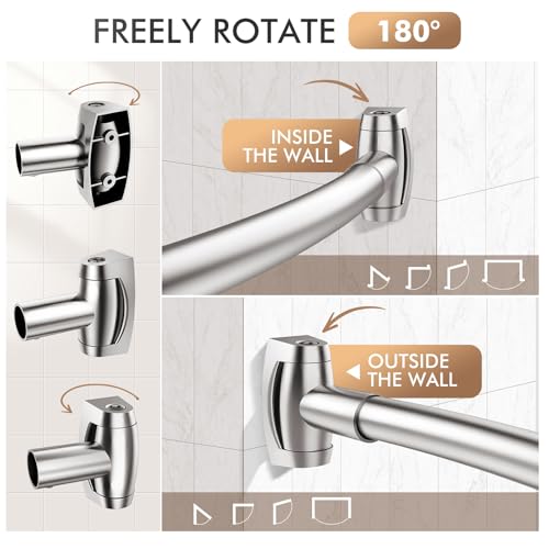 Curved Shower Curtain Rod for Bathroom, 40-72 Inches Adjustable Shower Rod | Rustproof Shower Curtain Rod with Rotating Brackets for Extra 30% Shower Space, 0.9MM thickness Need to Drill, Brush Nickel - color: Brush Nickel