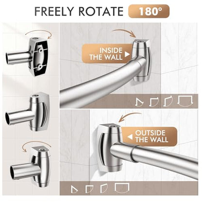 Curved Shower Curtain Rod for Bathroom, 40-72 Inches Adjustable Shower Rod | Rustproof Shower Curtain Rod with Rotating Brackets for Extra 30% Shower Space, 0.9MM thickness Need to Drill, Brush Nickel - color: Brush Nickel