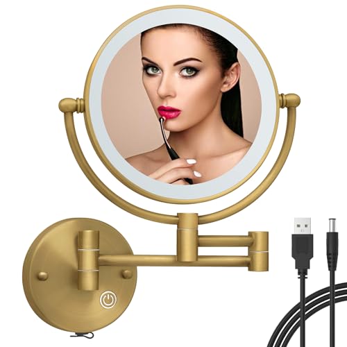8" Wall Mounted Makeup Mirror with Lights and Magnifying, Rechargeable | 1X/5X, Double Sided, Extending Shaving, 3 Color LED Lighting, Memory Function, 360 Swivel Extendable, Antique Brass - color: Brushed Antique Brass