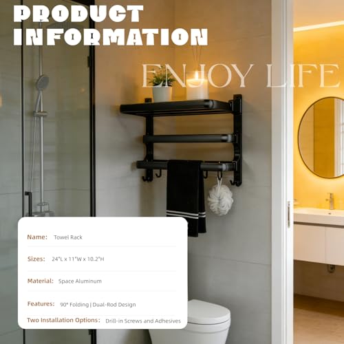 Towel Rack Wall for Bathroom Lavatory Hotel, 24 Inch Foldable Towel Shelf with 2 Towel Holder Bar and 7 Hooks, Black Matte Towel Storage Organizer Mounted, Drill-in or Adhesive Installation