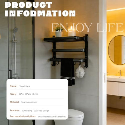 Towel Rack Wall for Bathroom Lavatory Hotel, 24 Inch Foldable Towel Shelf with 2 Towel Holder Bar and 7 Hooks, Black Matte Towel Storage Organizer Mounted, Drill-in or Adhesive Installation