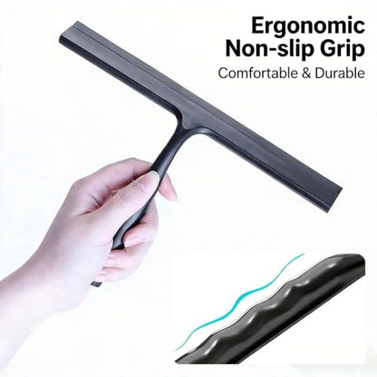 Shower Squeegee for Glass Doors - 10 Inch All-One-Piece Silicone with Built-in Hook Design for Shower Glass, Tile Walls, Mirrors & Windows, Black - size: 10"W x 8"H