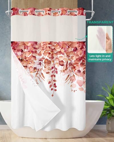 No Hook Shower Curtain and Snap in Liner Set, Red Eucalyptus Fabric Bathroom Stall Shower Curtains 54x78, See Through Mesh Top Window, Spring Summer Botanical Floral Leaves Country Hotel Style - color: Red, size: 54"W x 78"L (Pack of 1)