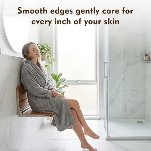 Foldable Shower Seat Wall Mounted 18 in Wide, Teak Bench for Small Shower | Foldable Design, Shower Use - size: 18INCH