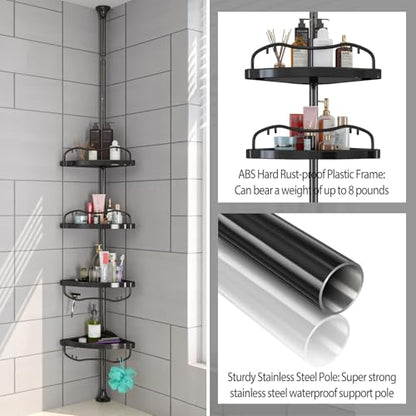 Shower Caddy,Shower Caddy Tension Pole with 4 ABS Baskets,Shower Storage Shelf with 56 to 125 Inch Adjustable Stainless Pole for Bathroom Black - color: Black