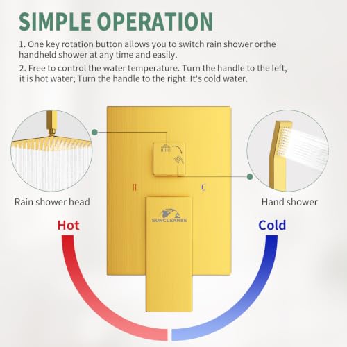 SunCleanse Rainfall Shower System with High Pressure in Brushed Gold | Ceiling mounted shower combo set featuring a 10" square rain head, handheld spray, and rough-in mixer valve with trim. - color: Brushed Gold, style: 10-ceiling