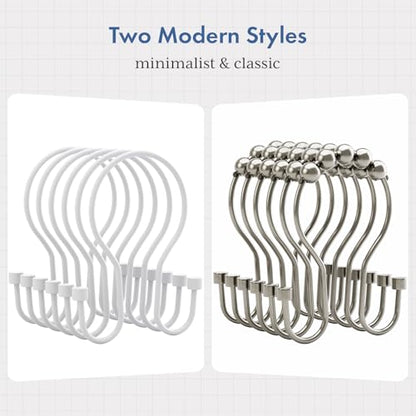 Bathway White Shower Curtain Hooks Shower Curtain Rings with Cylindrical Design, 12Pcs Metal Shower Curtain Hooks Rust Proof, Smooth Glide Double Shower Hooks Rings for Shower Curtain - color: White, style: Minimalist Shower Hooks with Cylinders