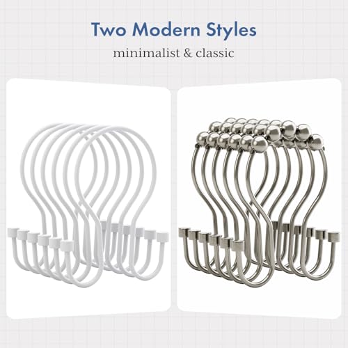 Bathway White Shower Curtain Hooks Shower Curtain Rings with Cylindrical Design, 12Pcs Metal Shower Curtain Hooks Rust Proof, Smooth Glide Double Shower Hooks Rings for Shower Curtain - color: White, style: Minimalist Shower Hooks with Cylinders