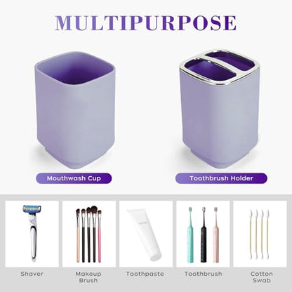4Pcs Lavender Bathroom Set, Square Boho Soap & Toothbrush Holder Set | Thick shatterproof ABS, electroplated rust-proof pump, drip-free, multi-slot holder, dustproof lids, easy-clean - color: Lavender, size: 4PCS