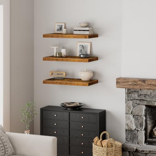 QEEIG 12" Deep Floating Shelves for Wall - 12 x 24 inch Book Shelf Bathroom Bedroom Kitchen Living Room Hanging Bookshelf Farmhouse Set of 3, Brown (026-60BN3) - color: A. Brown, size: 23.6" x 12"