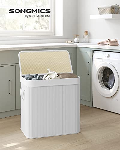 SONGMICS Laundry Hamper, 39.6 Gallons (150L), 3-Section Laundry Basket, Laundry Hamper with Lid, Bamboo, Foldable, Removable and Machine Washable Liner, for Laundry Room, Bedroom, White ULCB091W01 | Foldable Laundry Basket, Removable and Machine Washable