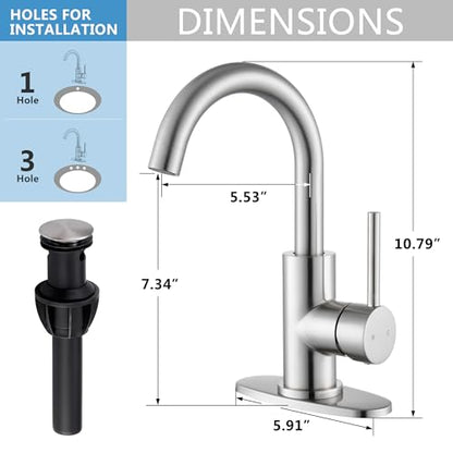 Brushed Nickel Bathroom Faucet - Single Hole Waterfall Bathroom Sink Faucet with Drain Assembly, 360° Swivel Spout Vanity Faucet Single Handle Lavatory Sink Faucet - color: Brushed Nickel