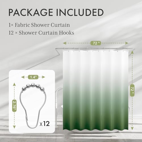 AmazerBath Fabric Shower Curtain Set, Ombre Grass Green Curtain with 12 Curtain Hooks, Rustic Cloth Green and White, Cute Washable Bathroom Shower Curtain, 72x72 Inches - color: A- Green Ombre +12 Metal Hooks, size: 72"W x 72"L (Pack of 1)