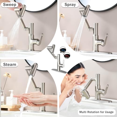Rotatable Bath Faucet with Temp Display in Celsius, Single Hole Brushed Nickel and 3 Outlet Modes Faucet, Battery-Free - color: Brushed Nickel