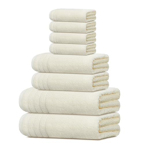 8 Piece Towel Set, 2 XL Bath, 2 Hand, 4 Washcloth, Cream | 100% Cotton, Lighter Weight, Quicker to Dry, Super Absorbent, Perfect for Bathroom - color: Cream