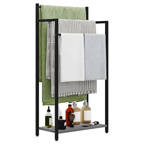 16.9" W Freestanding Towel Rack with Oak Grey Wood Shelf | 3 Tier Blanket Ladder Stand for Bathroom Living Room, Metal Frame,31.5"H x 16.9"W x7.9"D - color: Oak Grey, size: 31.5"H x 16.9"W x7.9"D