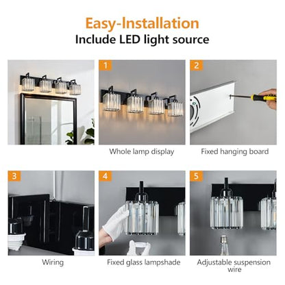 Modern Bathroom Vanity Light 4-Lights Plating Black Vanity Light Crystal Wall Light Bathroom Light Fixtures - color: Plating Black Crooked, size: 4-light