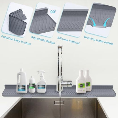 Derlights 33 inch Sink Splash Guard Mat, Silicone Faucet Handle Drip Catcher Tray, Longer Silicone Sink Mat for KitchenBathroom, Drip Protector Splash Countertop (Gray) - size: 33 inch